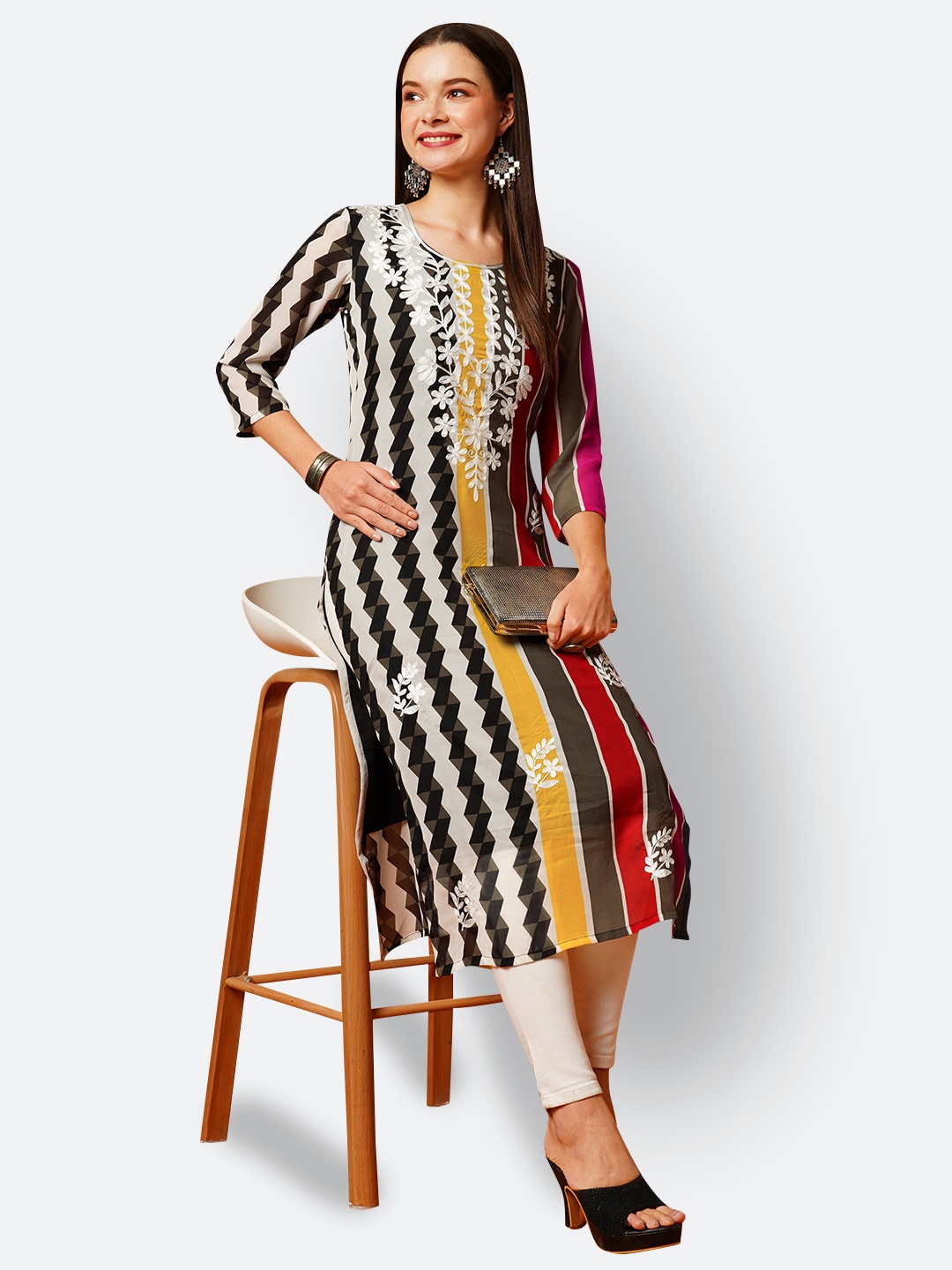 

KALINI Geometric Printed Embroidered Thread Work Straight Kurta, Black