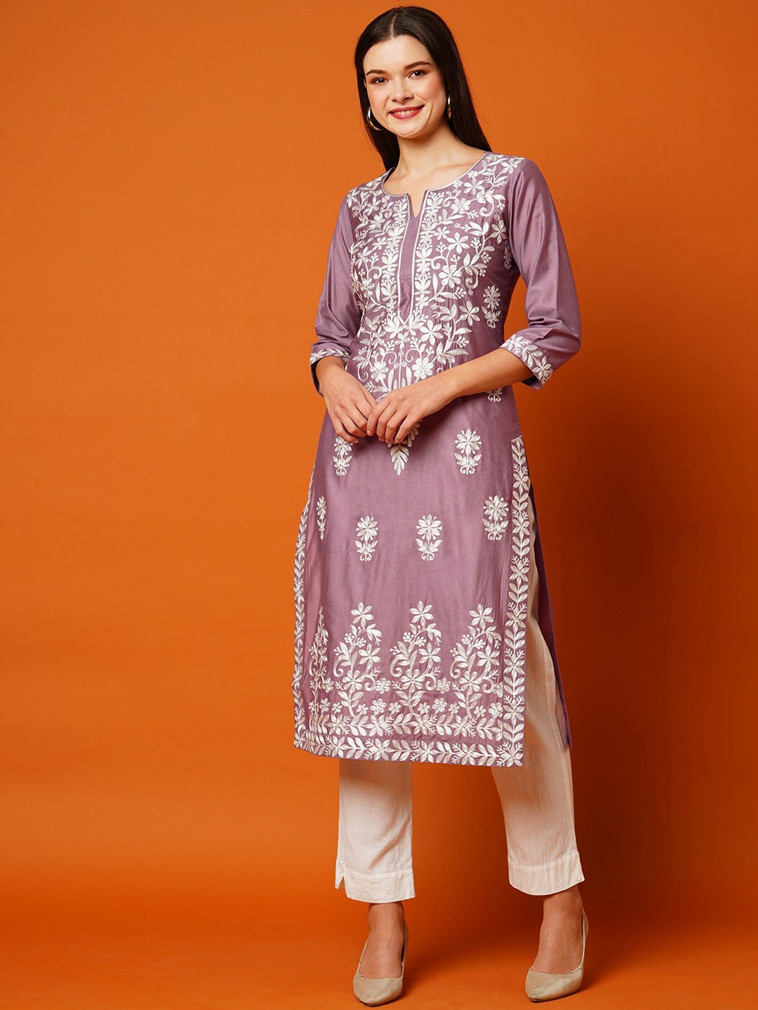 

GoSriKi Floral Embroidered Cotton Straight Kurta, Lavender