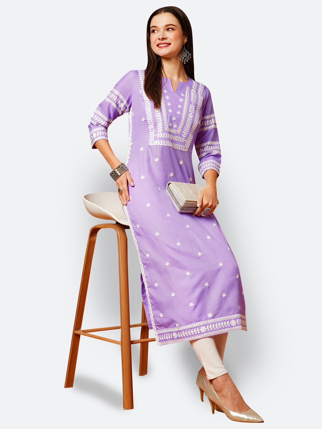 

KALINI Floral Embroidered Round Neck Thread Work Straight Kurta, Purple