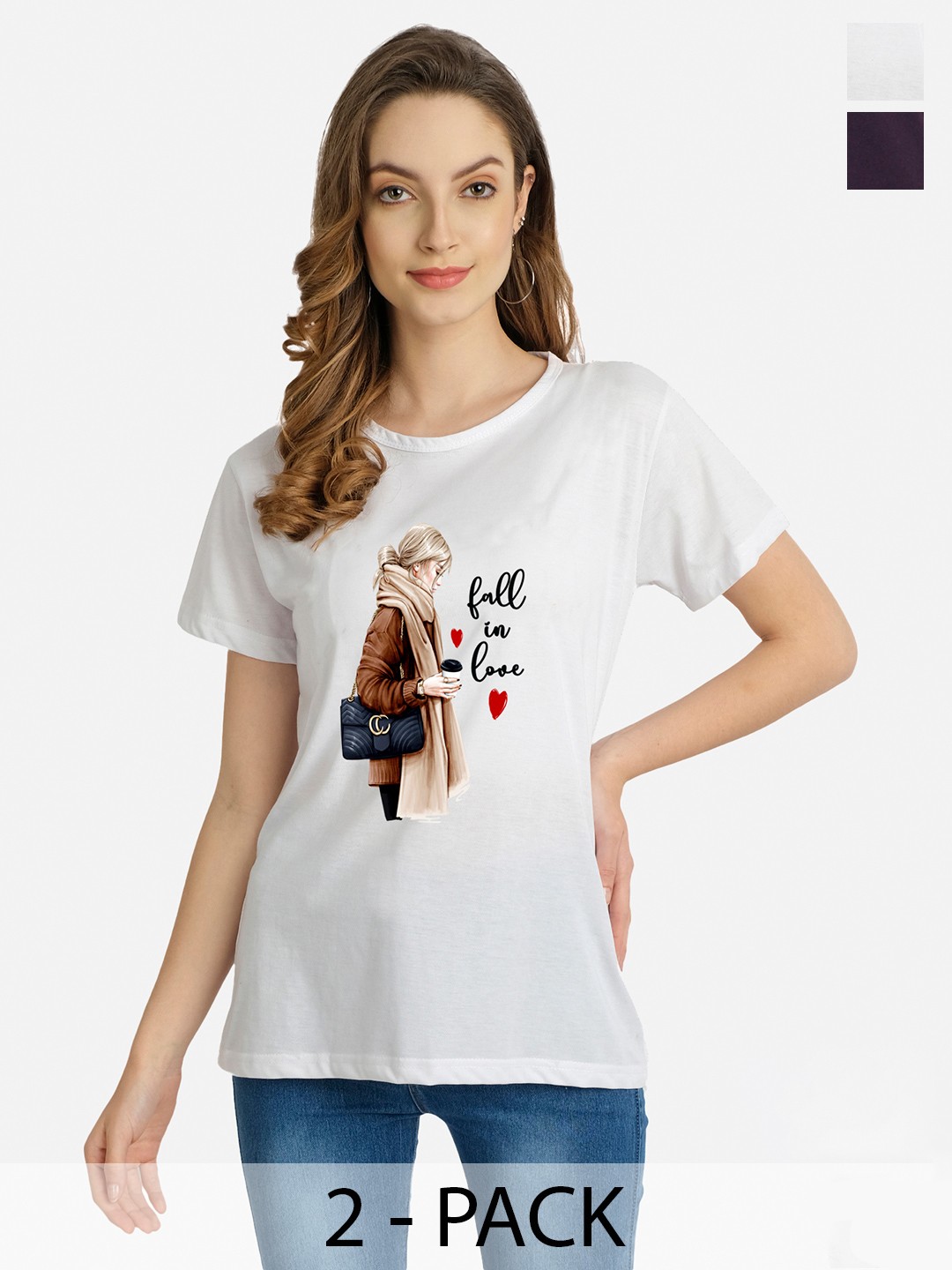 

CHOZI Pack Of 2 Graphic Printed Extended Sleeves Cotton T-shirt, White