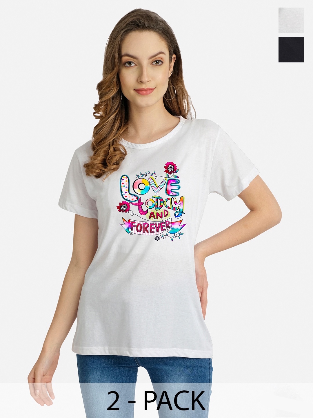 

CHOZI Pack Of 2 Typography Printed Cotton T-shirt, White