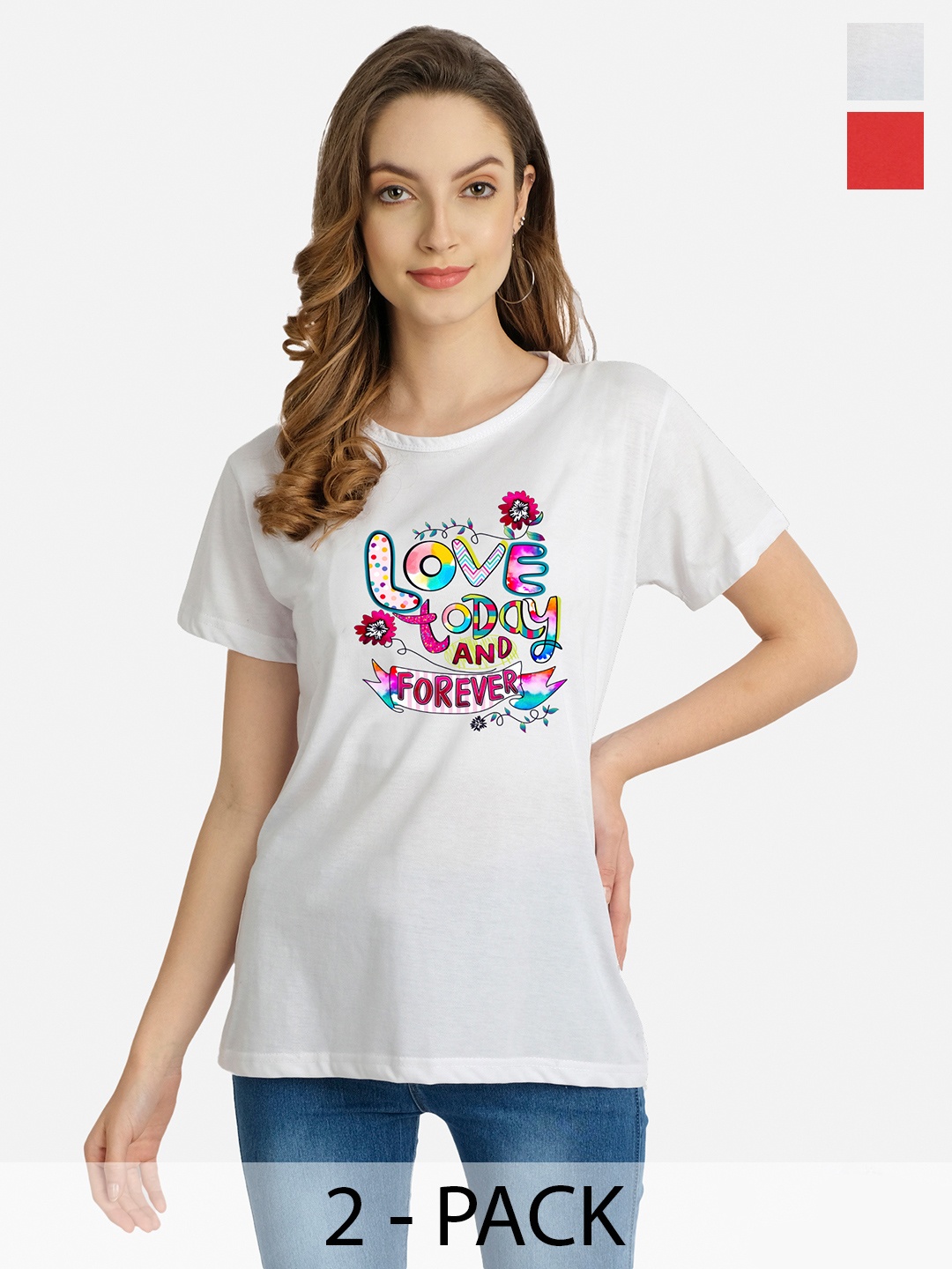 

CHOZI Pack Of 2 Typography Printed Cotton T-shirt, White