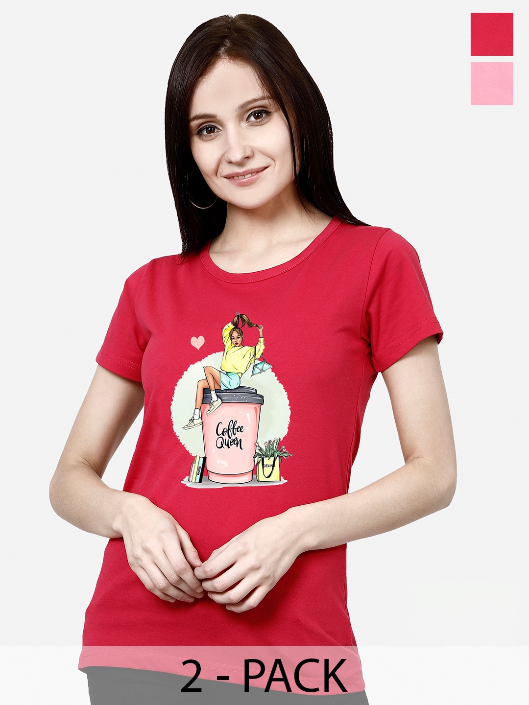 CHOZI Pack Of 2 Typography Printed Cotton T-Shirts, Pink