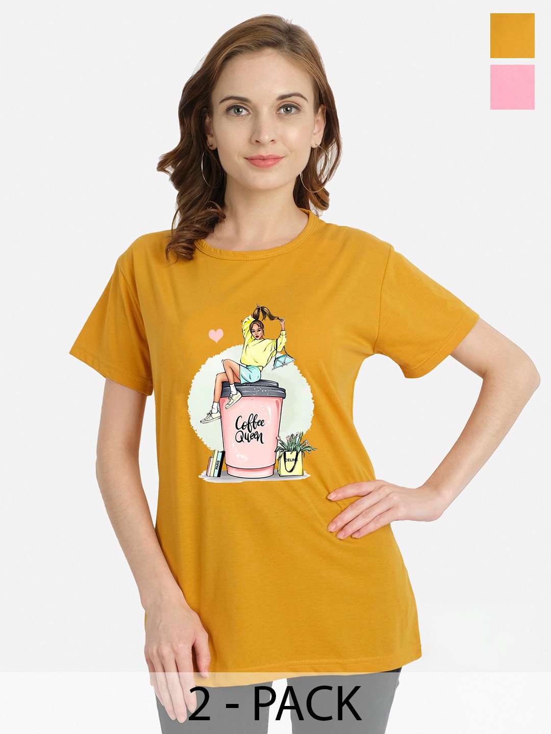 

CHOZI Pack Of 2 Typography Printed Cotton T-shirt, Pink