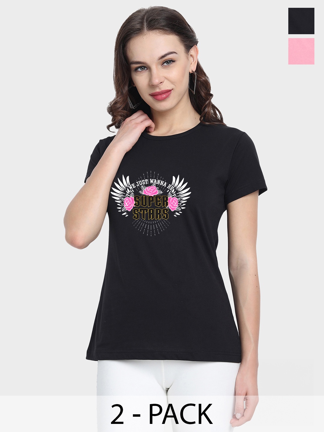 

CHOZI Pack Of 2 Typography Printed Cotton T-shirt, Pink