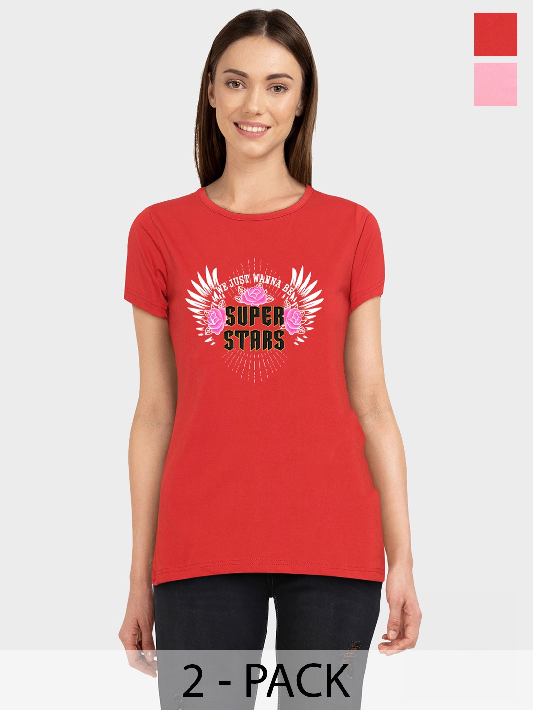 

CHOZI Pack Of 2 Typography Printed Cotton T-shirt, Pink
