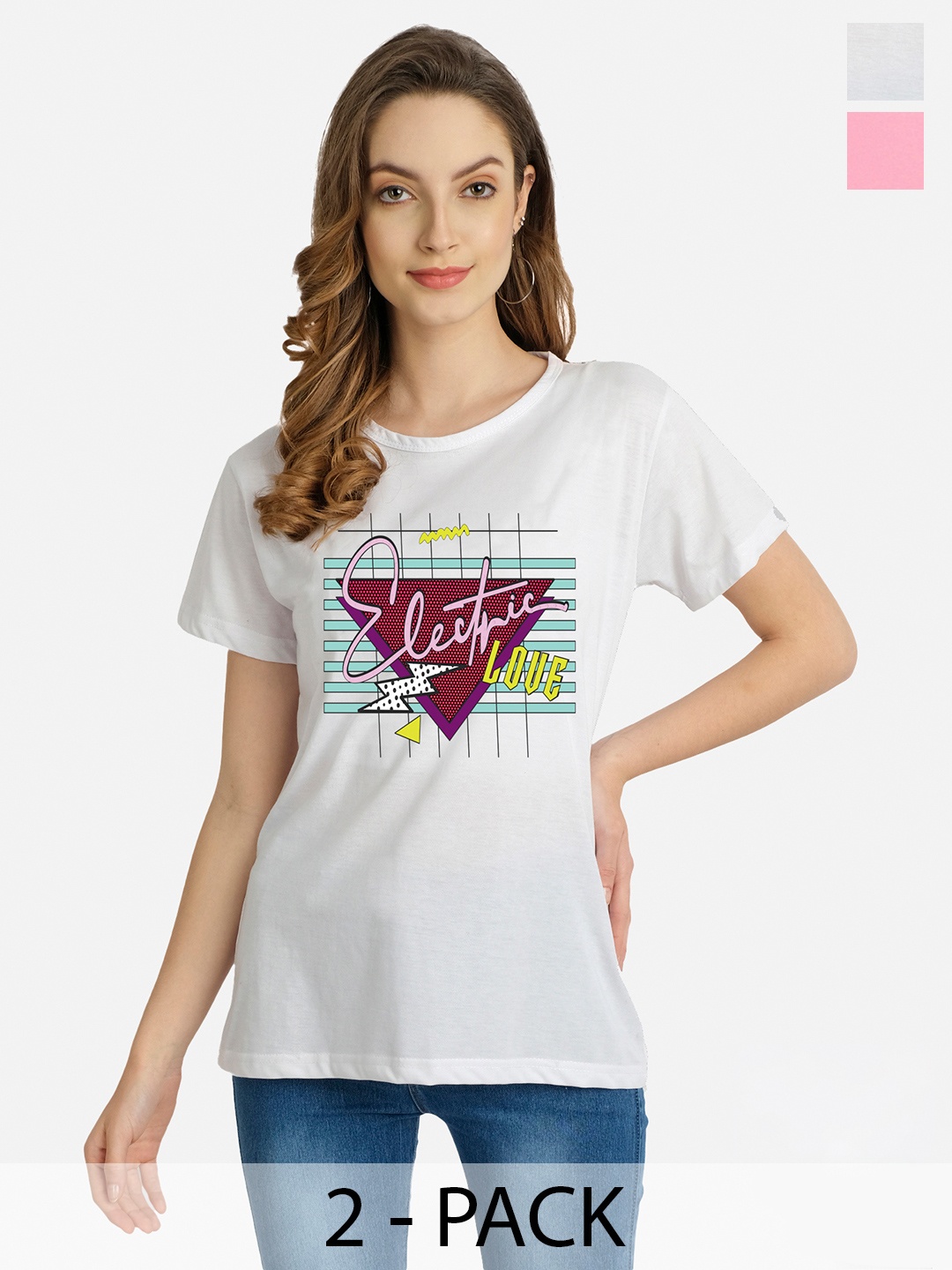 CHOZI Pack Of 2 Typography Printed Cotton T-shirt, White