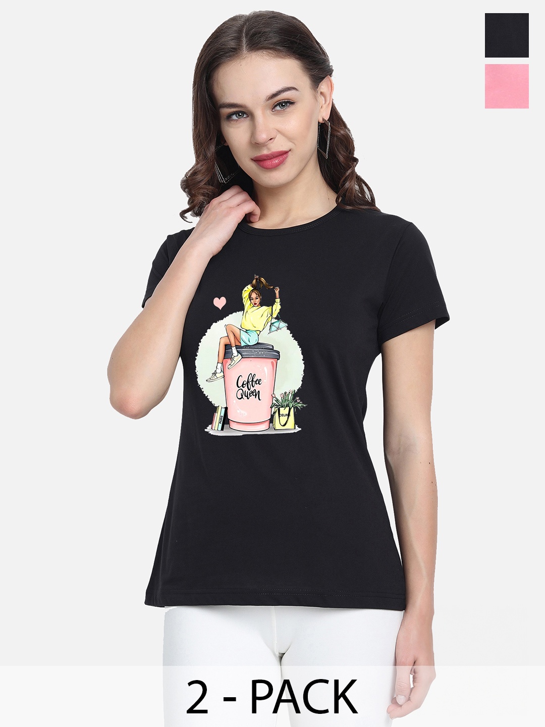 

CHOZI Pack Of 2 Typography Printed Cotton T-shirt, Pink