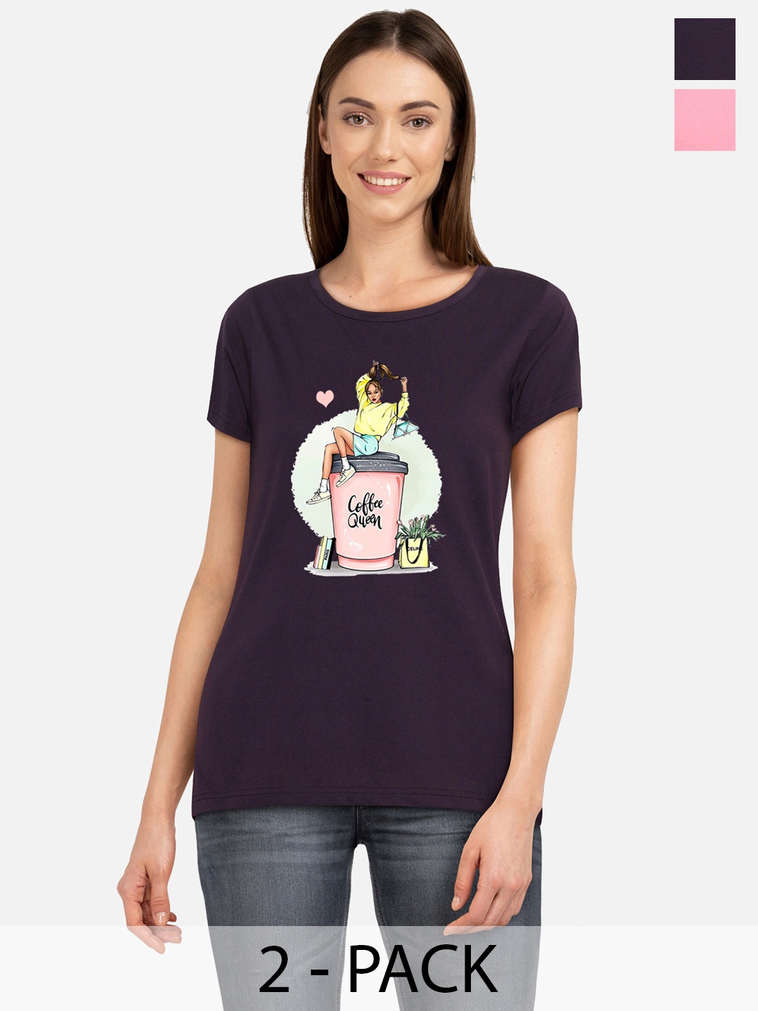 CHOZI Pack Of 2 Typography Printed Cotton T-shirt, Pink