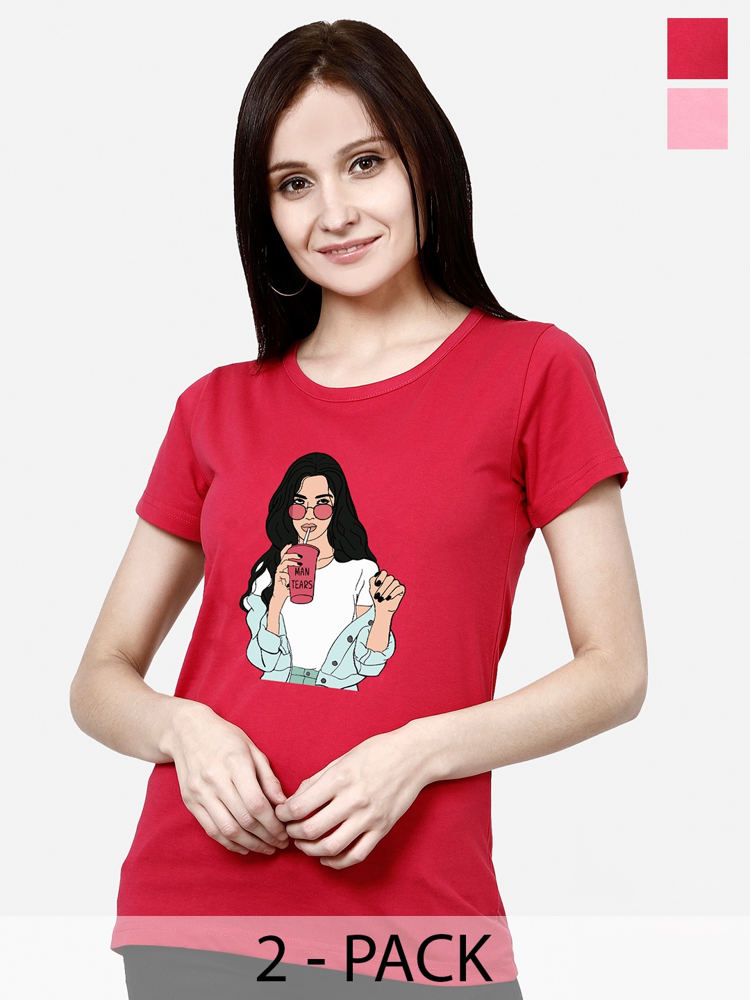 CHOZI Pack Of 2 Typography Printed Cotton T-shirt, Pink
