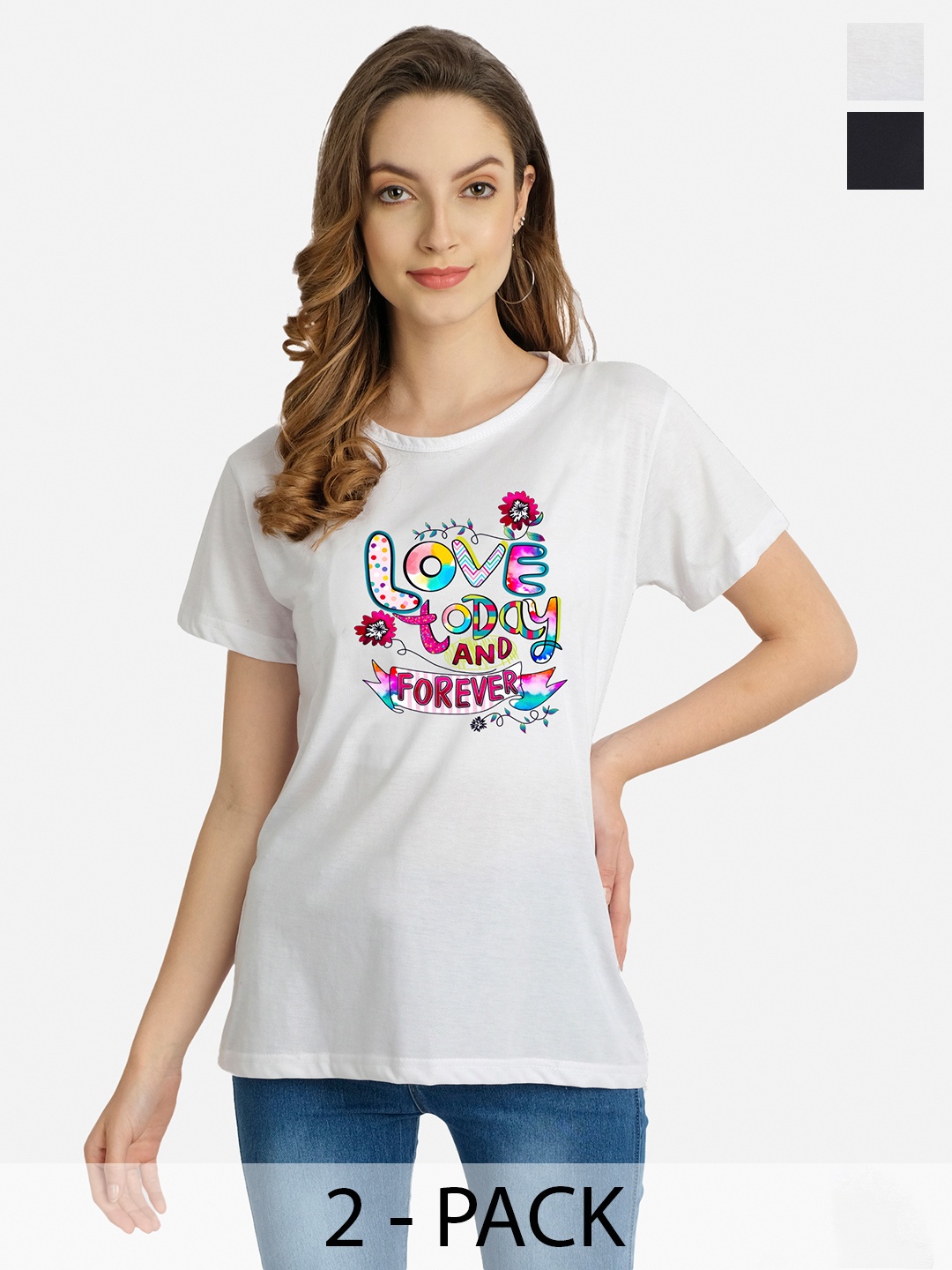 

CHOZI Pack Of 2 Typography Printed Cotton T-shirt, White