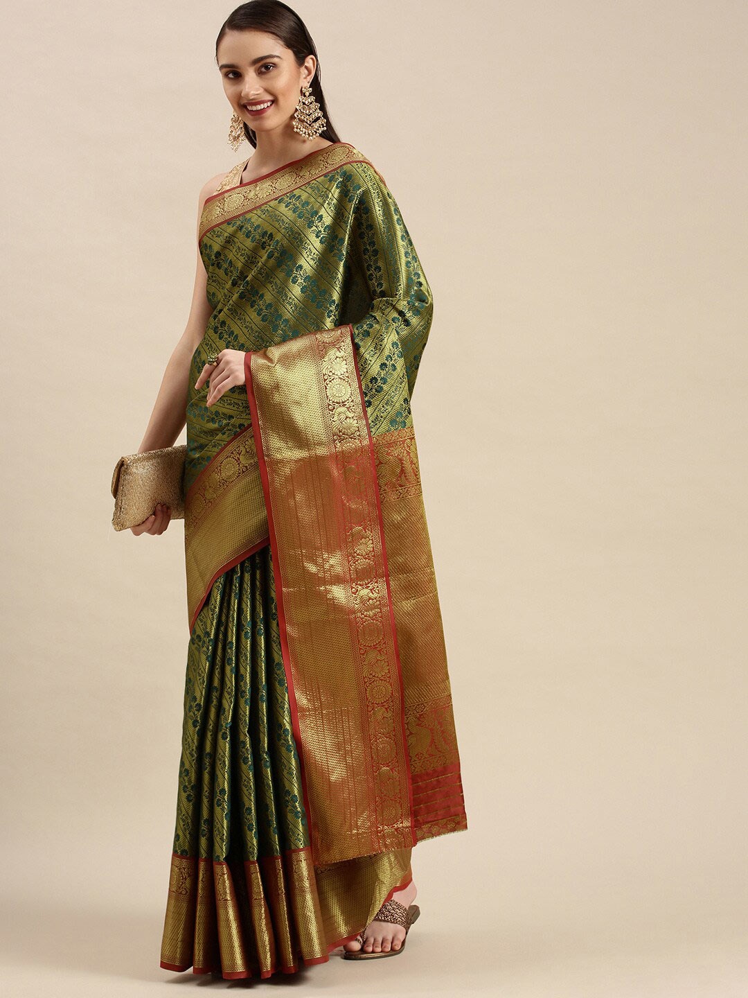 

SGF11 Ethnic Motif Woven Design Zari Pure Silk Kanjeevaram Saree, Green