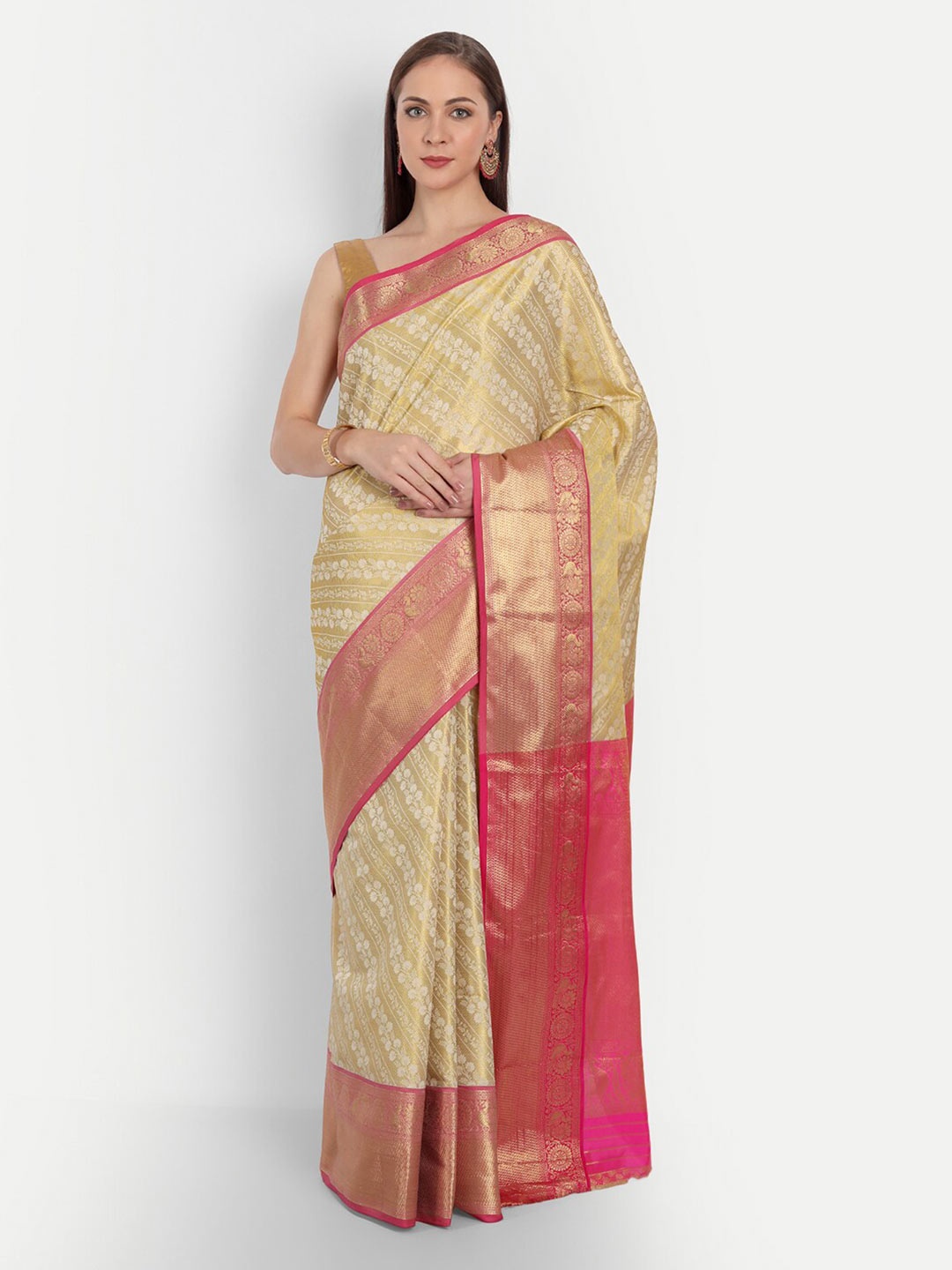 

SGF11 Floral Woven Design Zari Pure Silk Kanjeevaram Saree, White