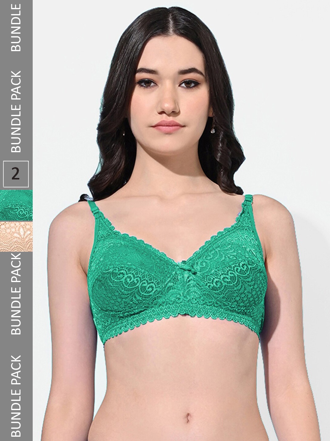 

FIMS Pack of 2 Floral Cotton Everyday Full Coverage Bra With All Day Comfort, Beige