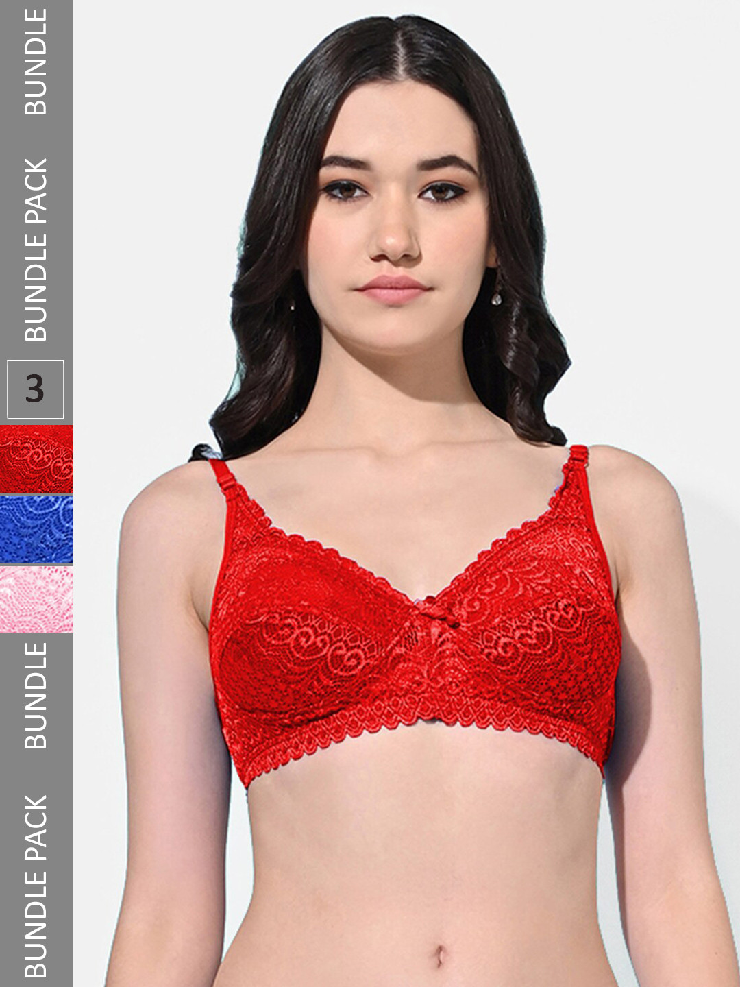 

FIMS Pack of 3 Floral Cotton Everyday Full Coverage Bra With All Day Comfort, Blue