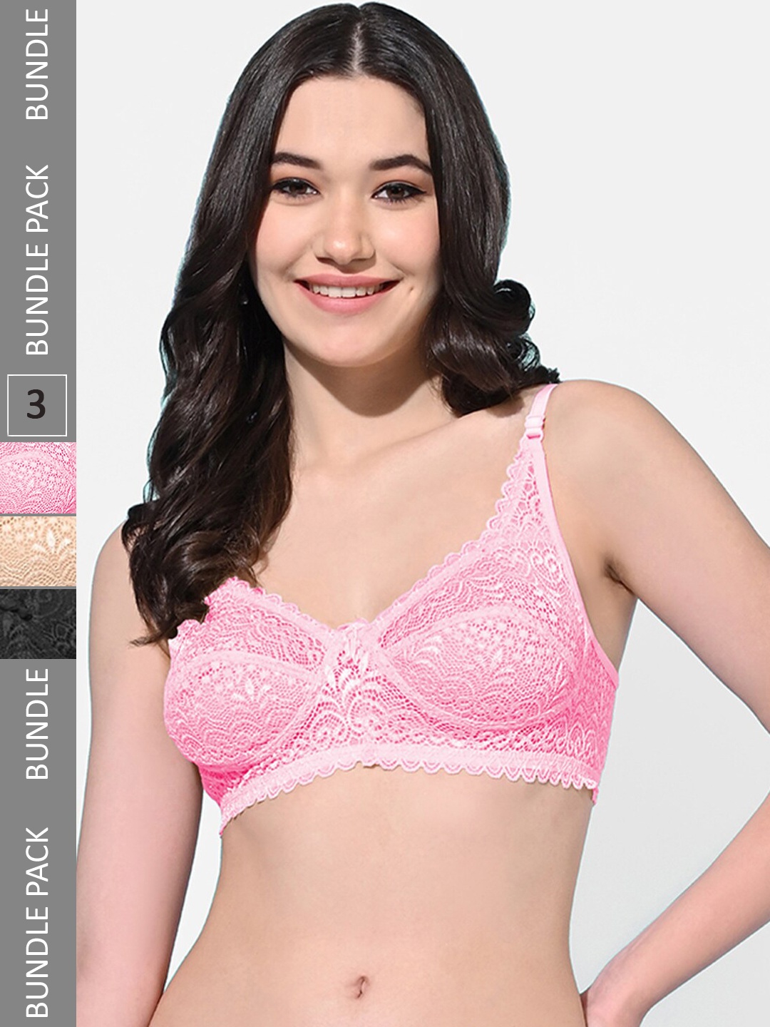 

FIMS Pack of 3 Floral Self Designed Full Coverage Cotton Bra, Beige