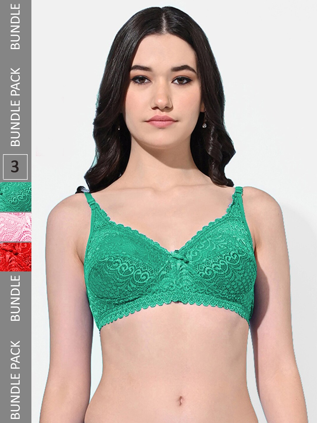 

FIMS Pack of 3 Floral Self Designed Full Coverage Cotton Bra, Green