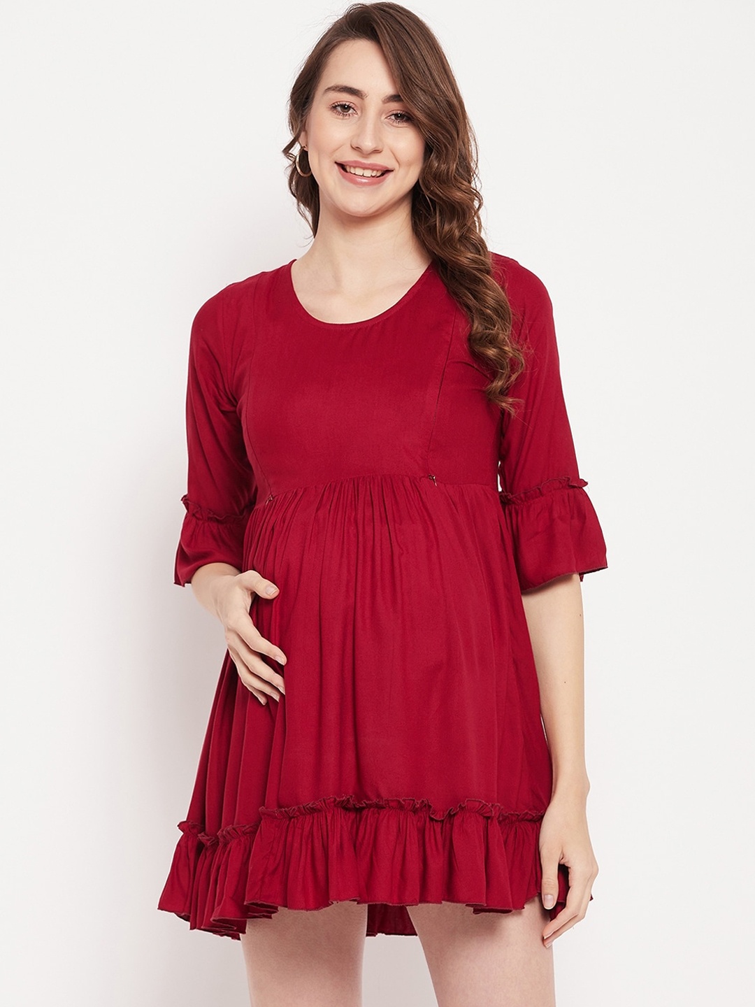 

NABIA Bell Sleeves Gathered Maternity Dress, Maroon