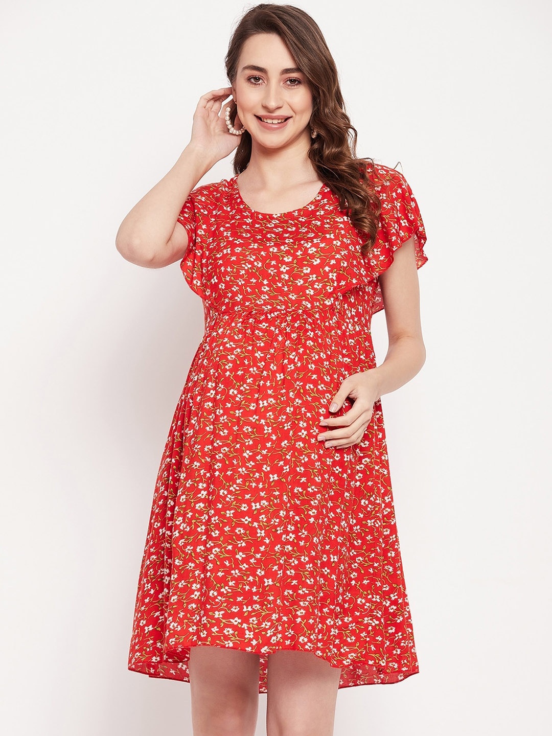 

NABIA Floral Printed Flared Sleeves Maternity Dress, Red