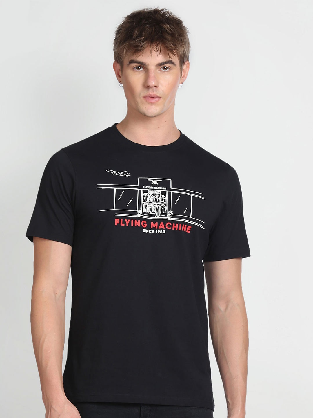 Flying Machine Graphic Printed Pure Cotton T-Shirt, Black