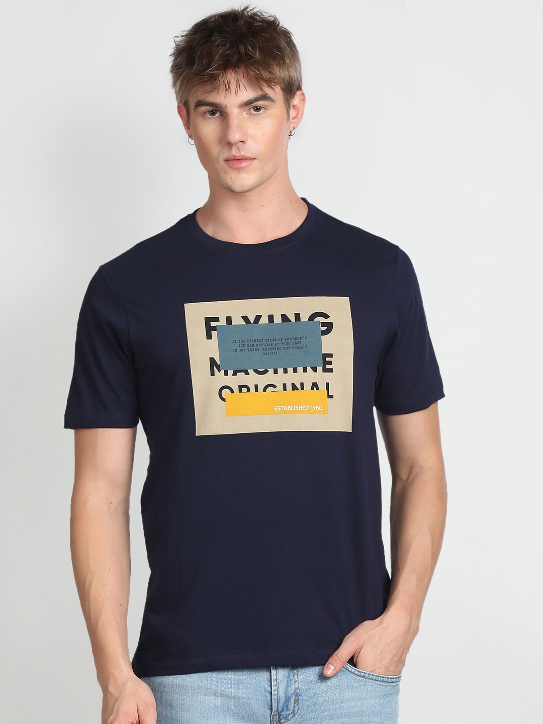 

Flying Machine Typography Printed Pure Cotton T-Shirt, Blue