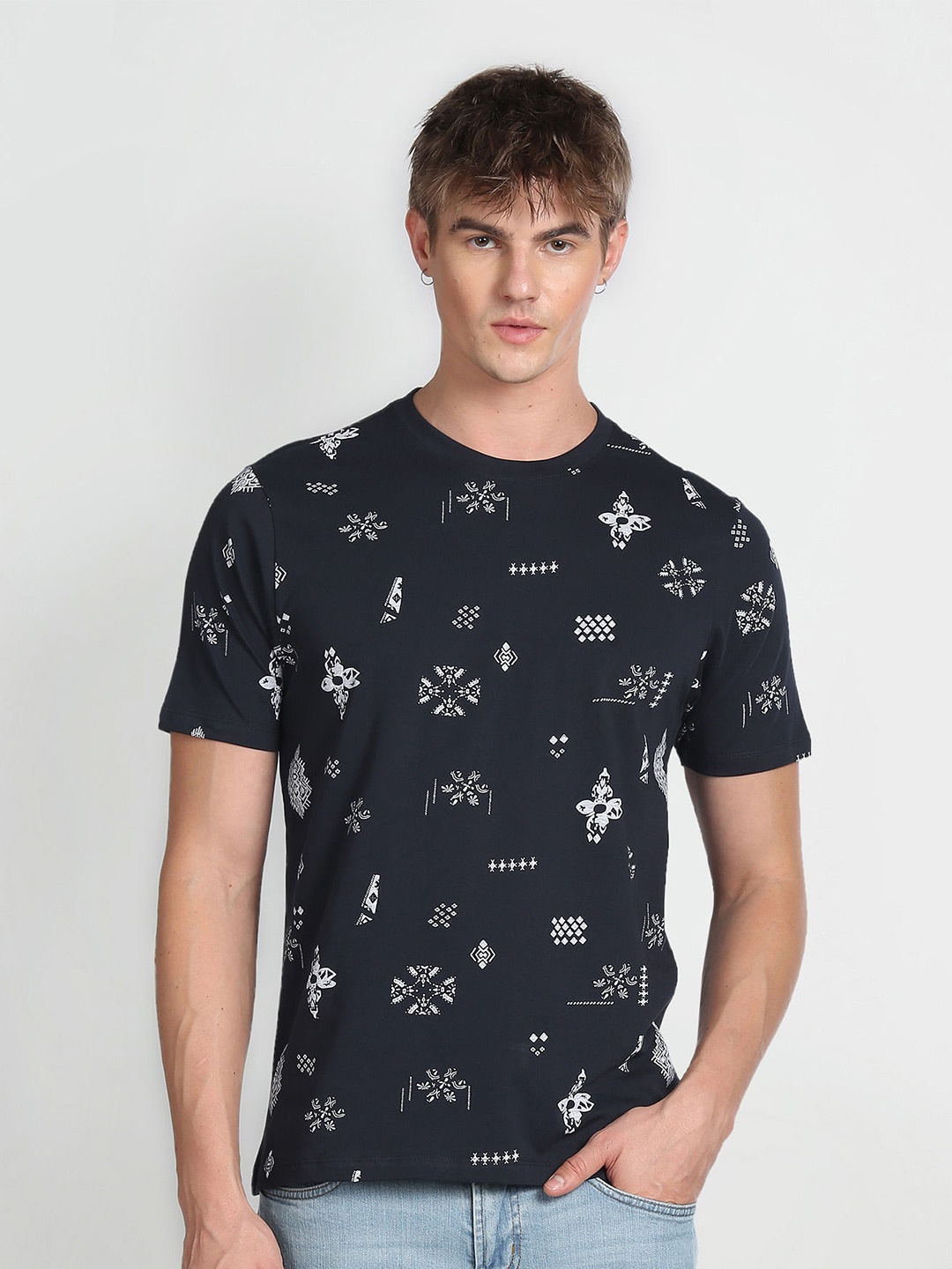 

Flying Machine Conversational Printed Cotton T-shirt, Navy blue