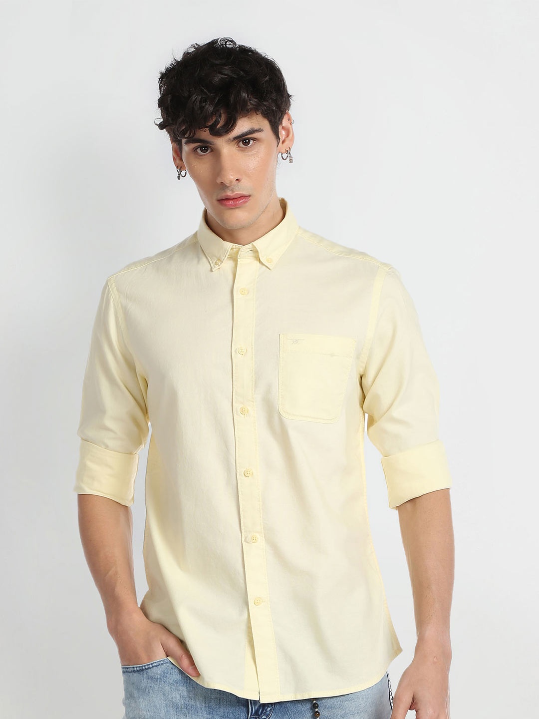 

Flying Machine Slim Fit Button Down Collar Pure Cotton Casual Shirt, Yellow