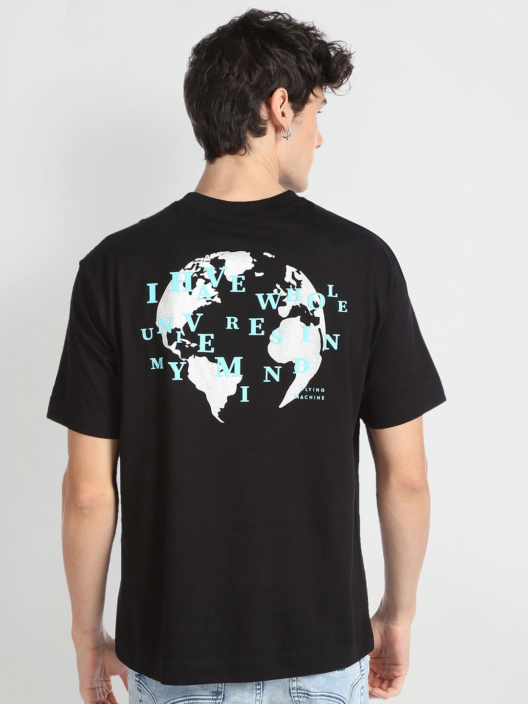 

Flying Machine Graphic Printed Oversized Cotton T-shirt, Black