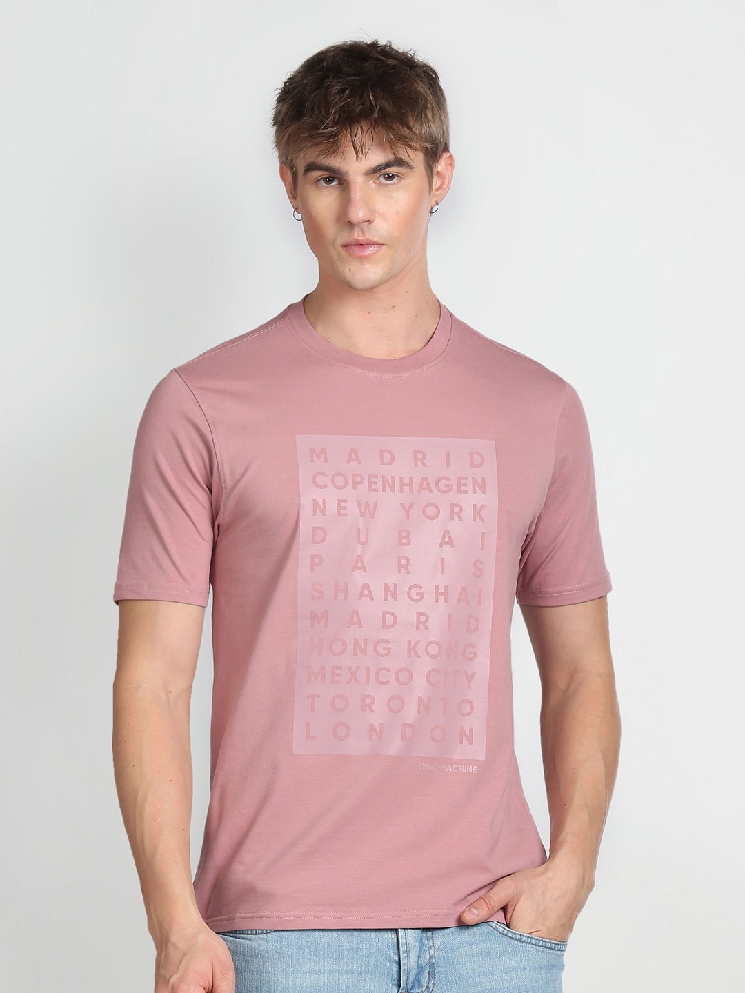 

Flying Machine Typography Printed Cotton T-shirt, Mauve