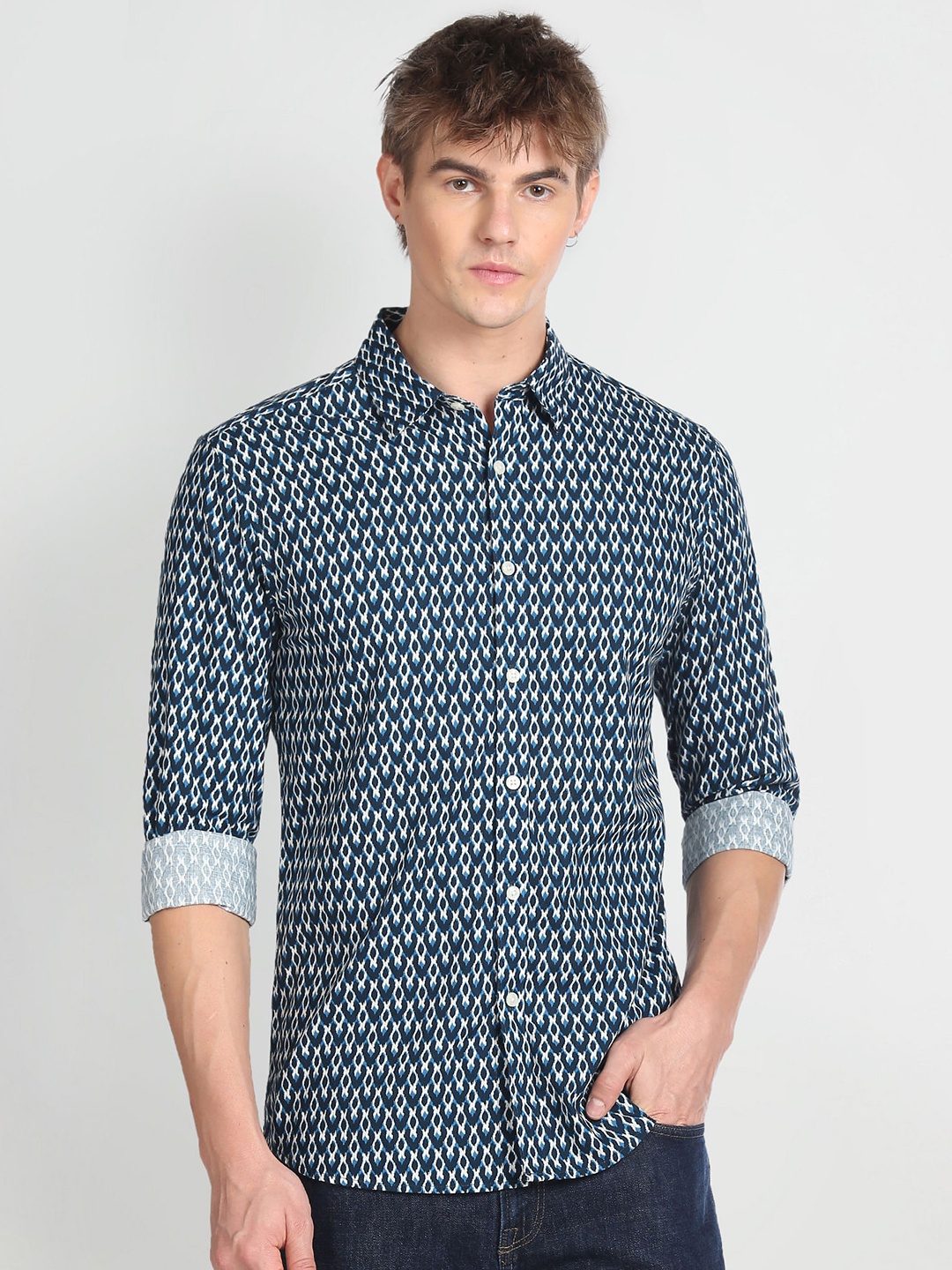 

Flying Machine Geometric Printed Pure Cotton Casual Shirt, Blue