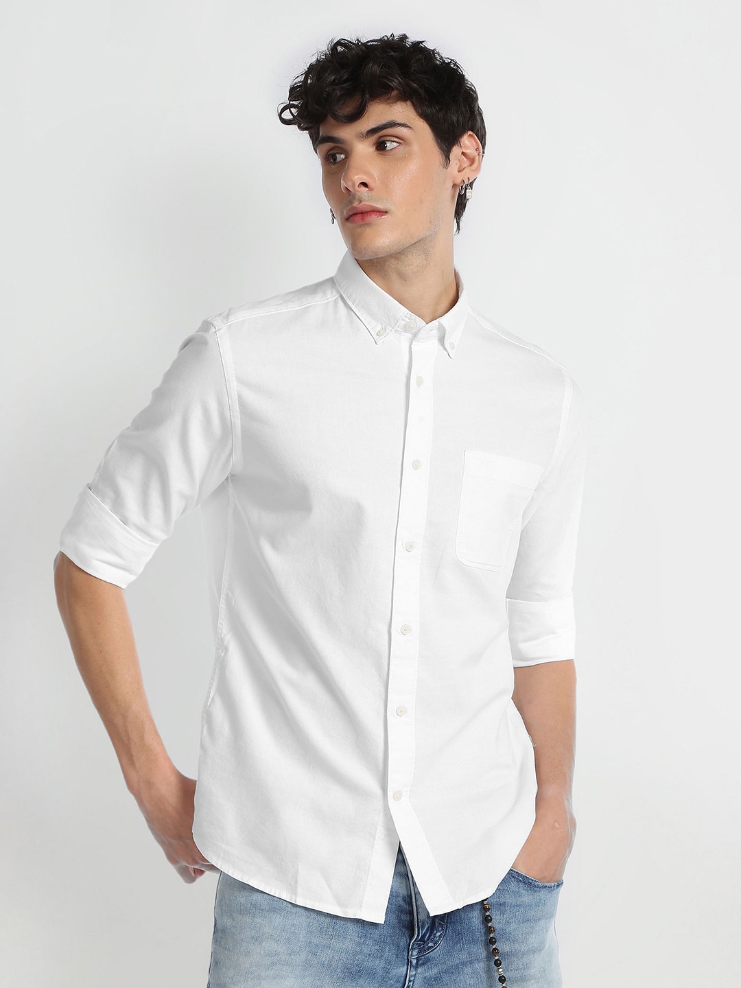

Flying Machine Button Down Collar Pure Cotton Slim Fit Casual Shirt, White