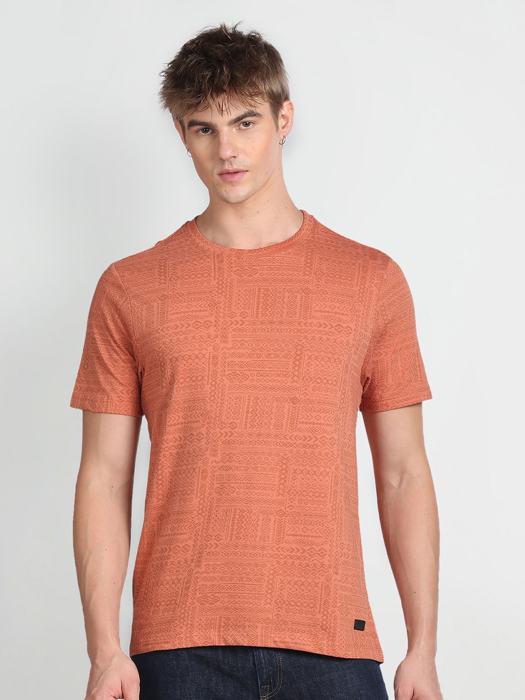 

Flying Machine Geometric Printed Cotton T-shirt, Rust