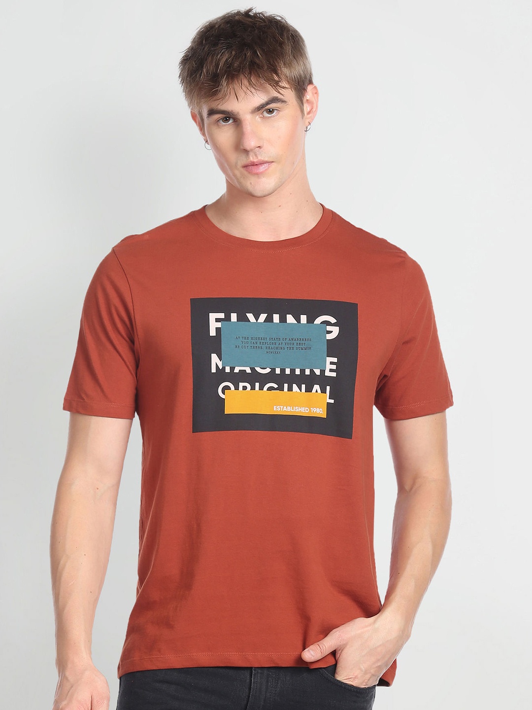 

Flying Machine Typography Printed Pure Cotton T-Shirt, Red