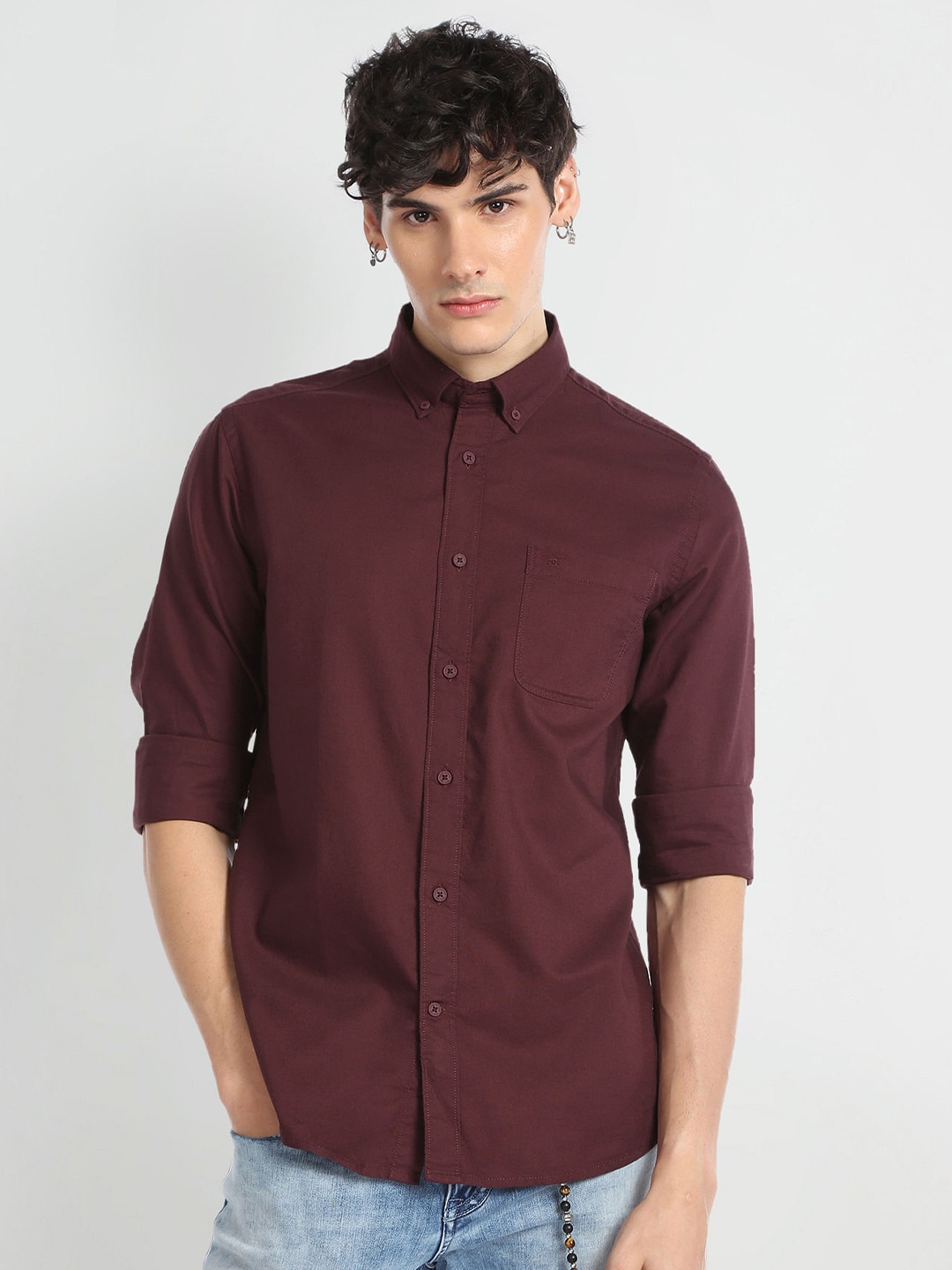 

Flying Machine Slim Fit Button Down Collar Pure Cotton Casual Shirt, Maroon