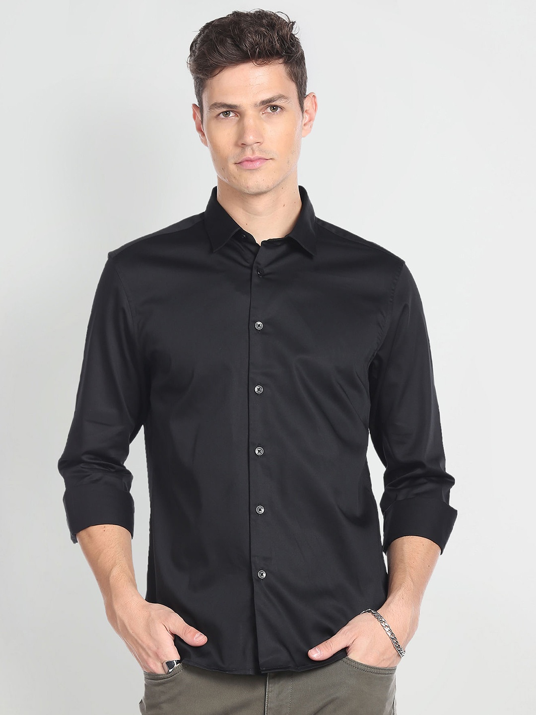 

Flying Machine Pure Cotton Satin Casual Shirt, Black