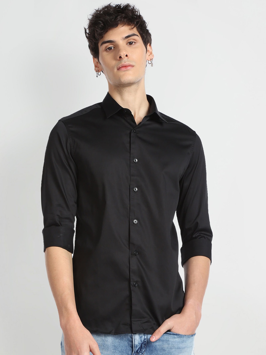 

Flying Machine Slim Fit Pure Cotton Satin Casual Shirt, Black