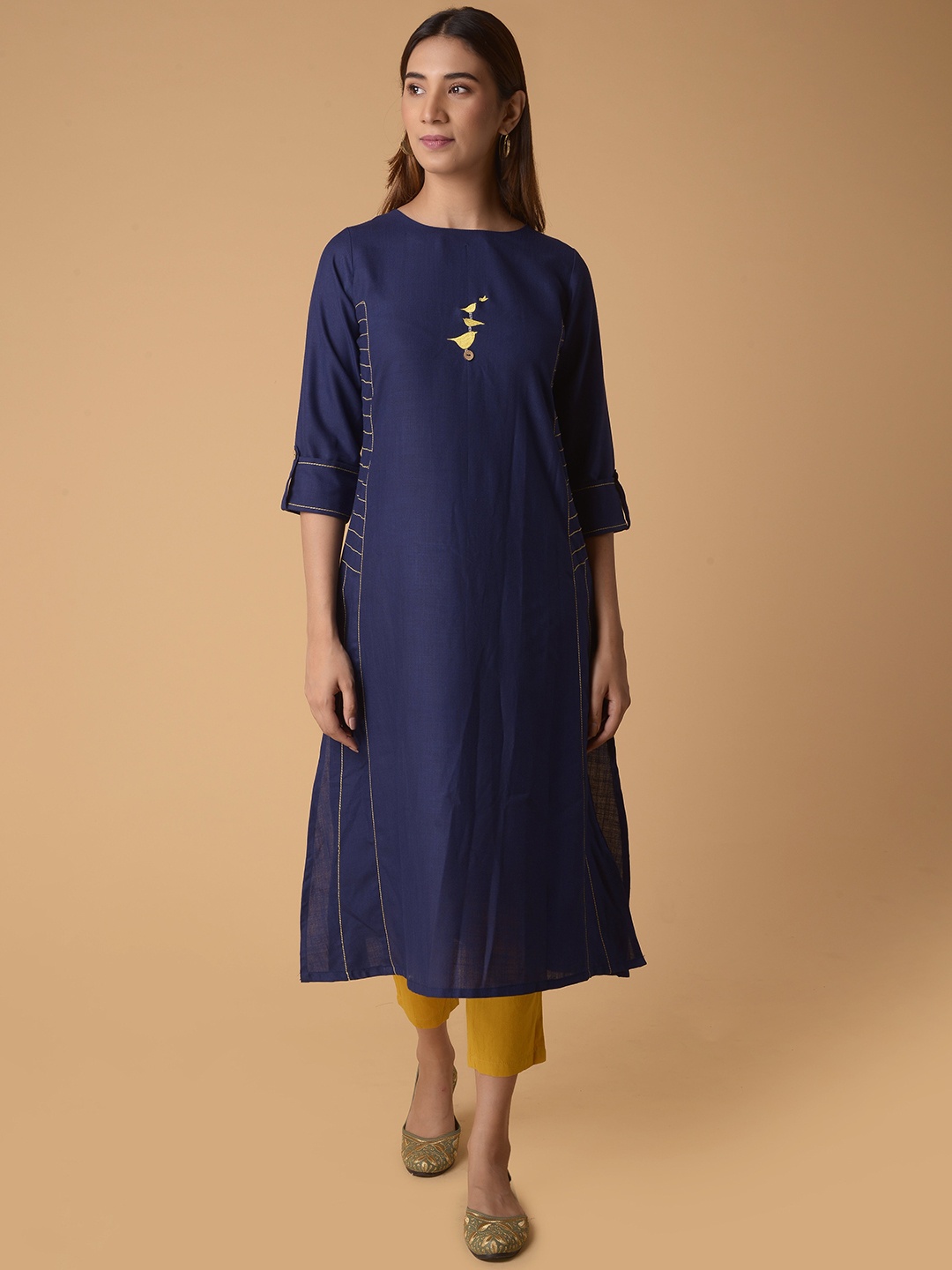 

PINKSKY Boat Neck Thread Work Pure Cotton A-Line Kurta, Navy blue