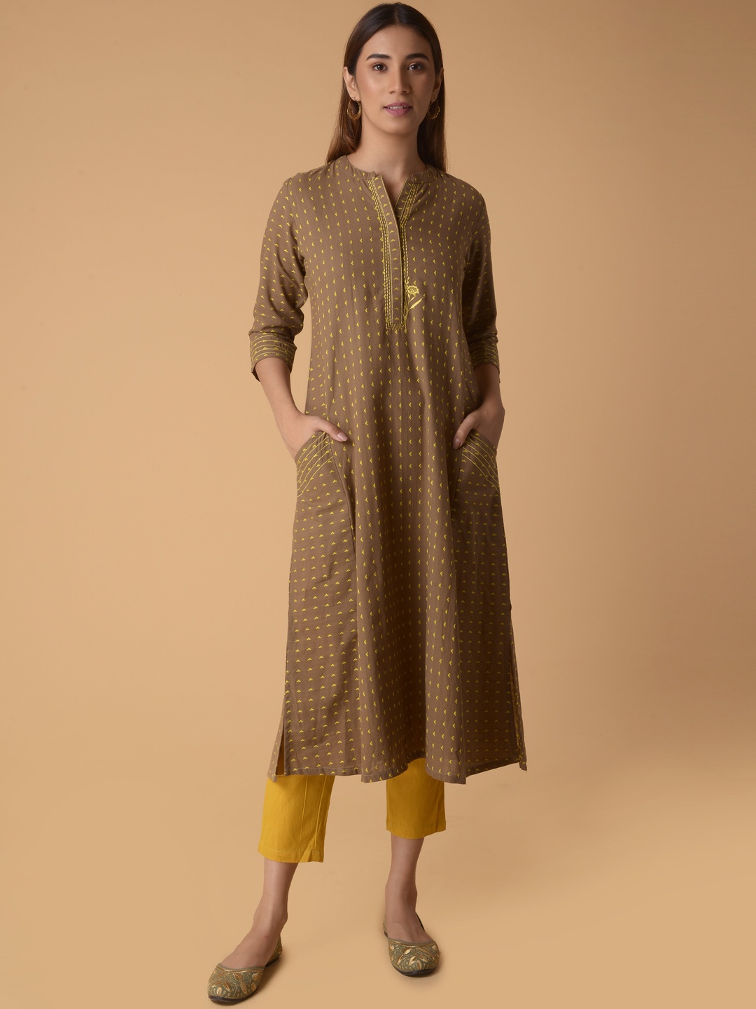 

PINKSKY Ethnic Motifs Woven Design Mandarin Collar Pure Cotton A-Line Kurta, Brown