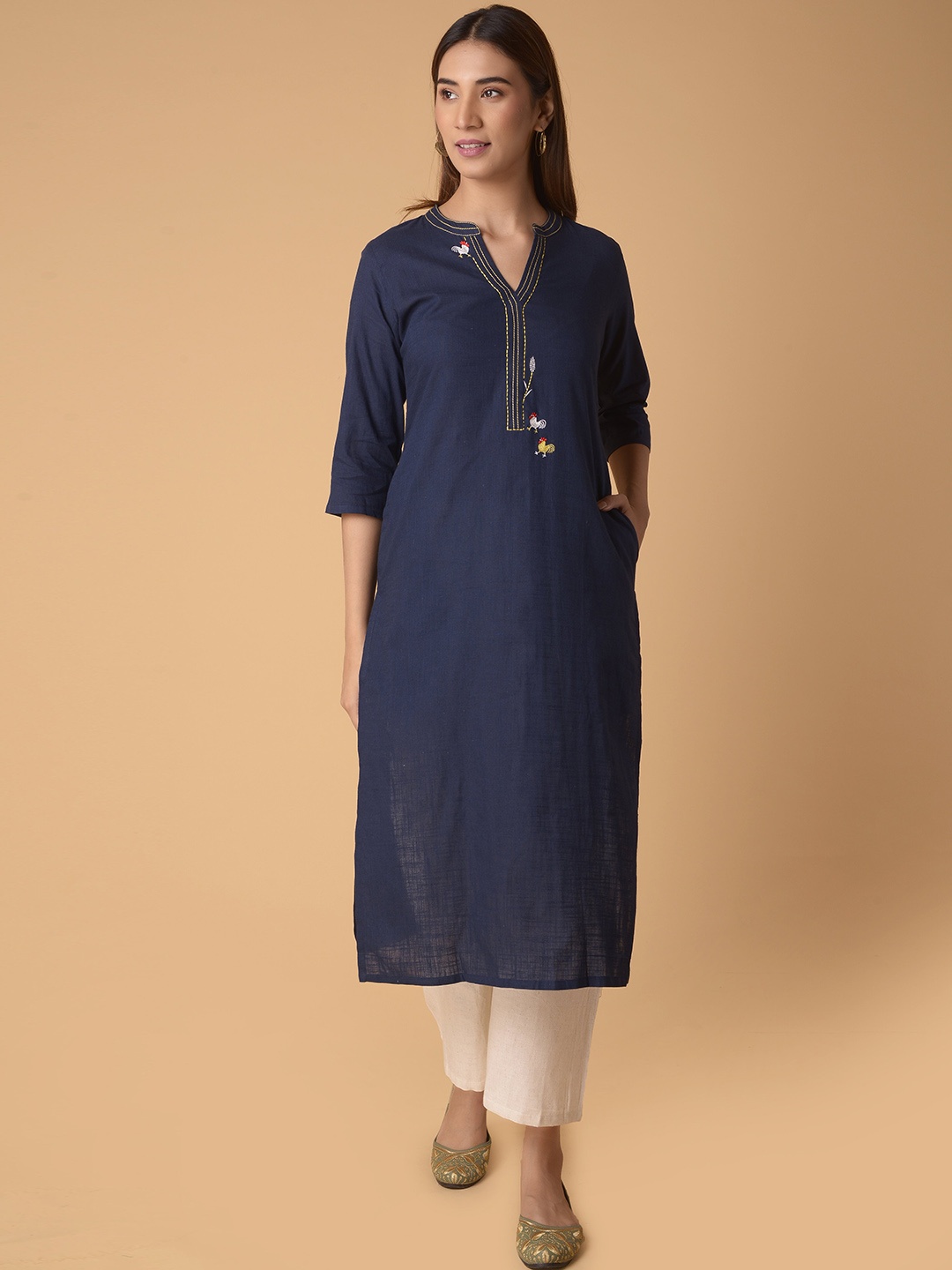 

PINKSKY Mandarin Collar Thread Work Pure Cotton Kurta, Navy blue