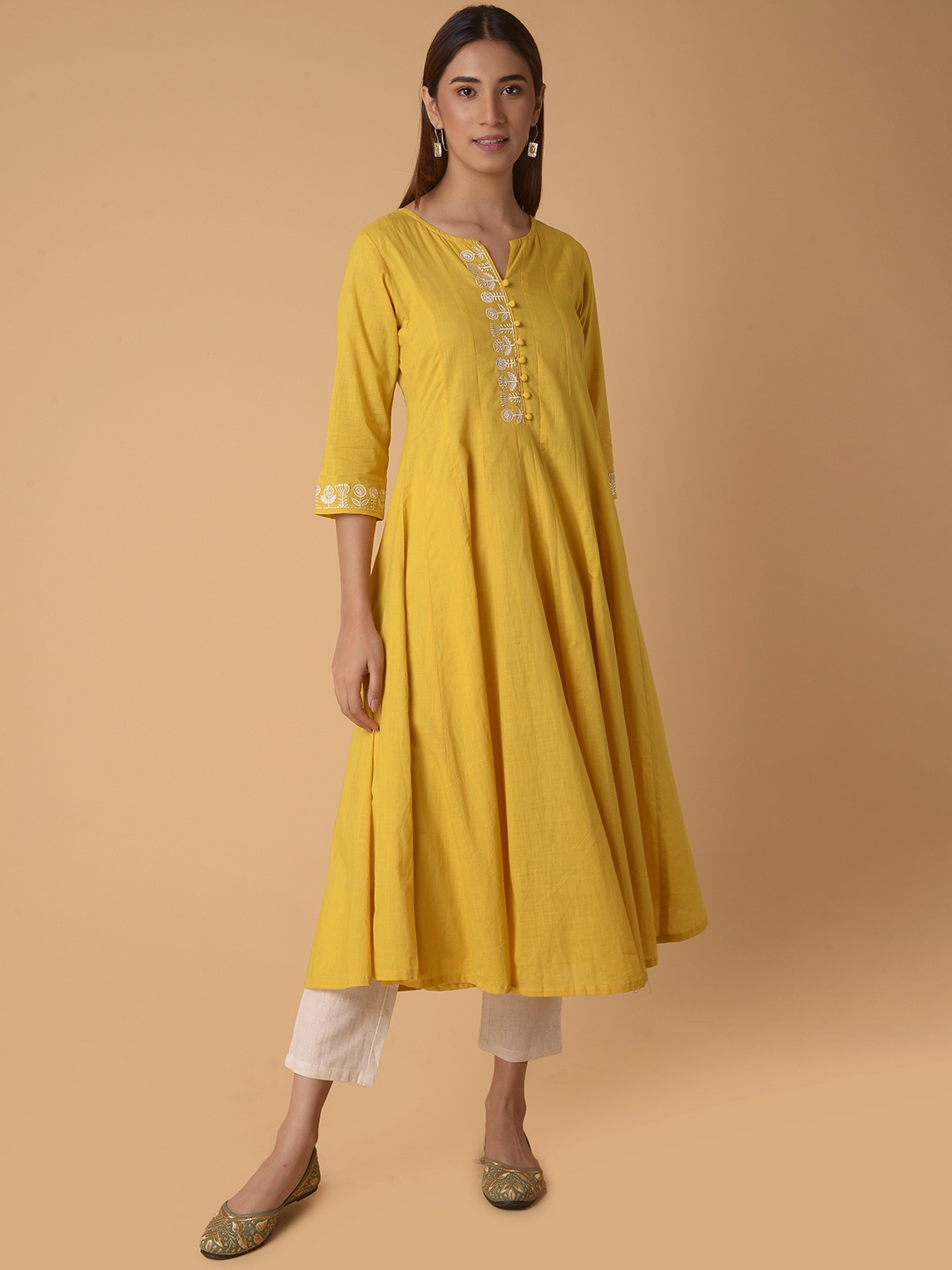 

PINKSKY Floral Embroidered Mandarin Collar Cotton A-Line Kurta, Yellow