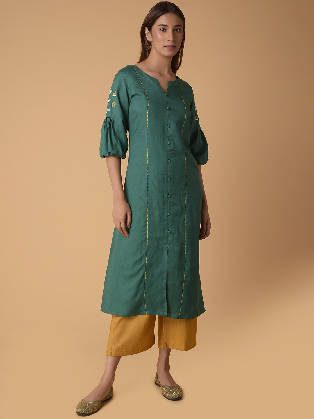 

PINKSKY Floral Embroidered Cuffed Sleeves Cotton Regular Kurta, Green