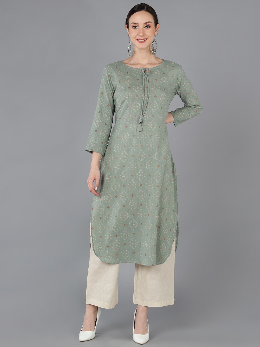

AHIKA Ethnic Motif Cotton Straight Kurta, Green