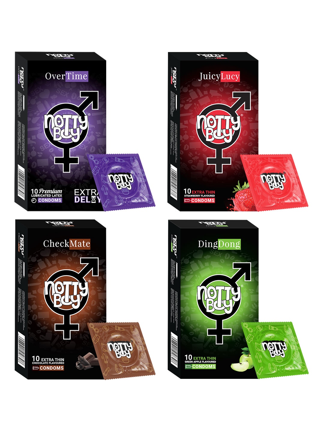 

Notty Boy Set Of 4 - Choclate Green Apple Straeberry Flavour Condoms 10 Pcs Each, Multi