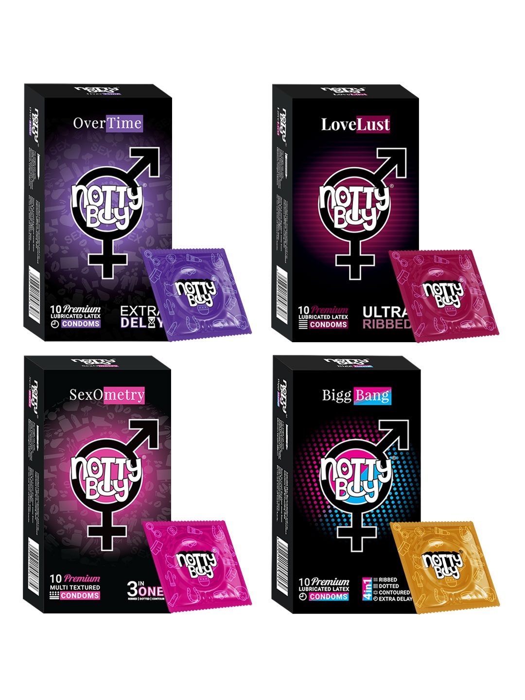 

Notty Boy Set Of 4-UltraRibbed-Dotted-Contoured-Extratime Condoms 10 Pcs Each, Multi