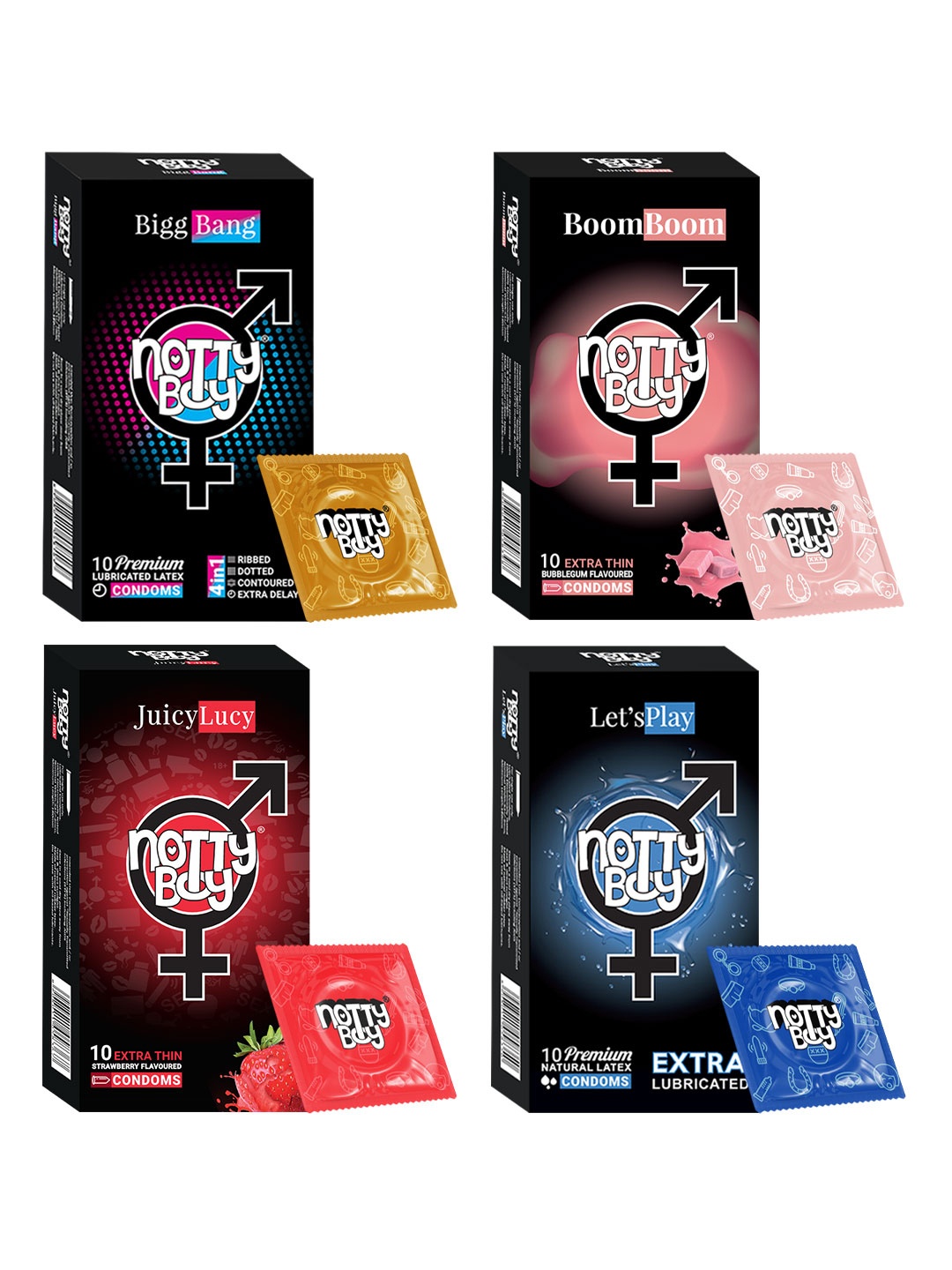 

Notty Boy Set Of 4 - Bubblegum and Strawberry Flavour Condoms 10 Pcs Each, Multi