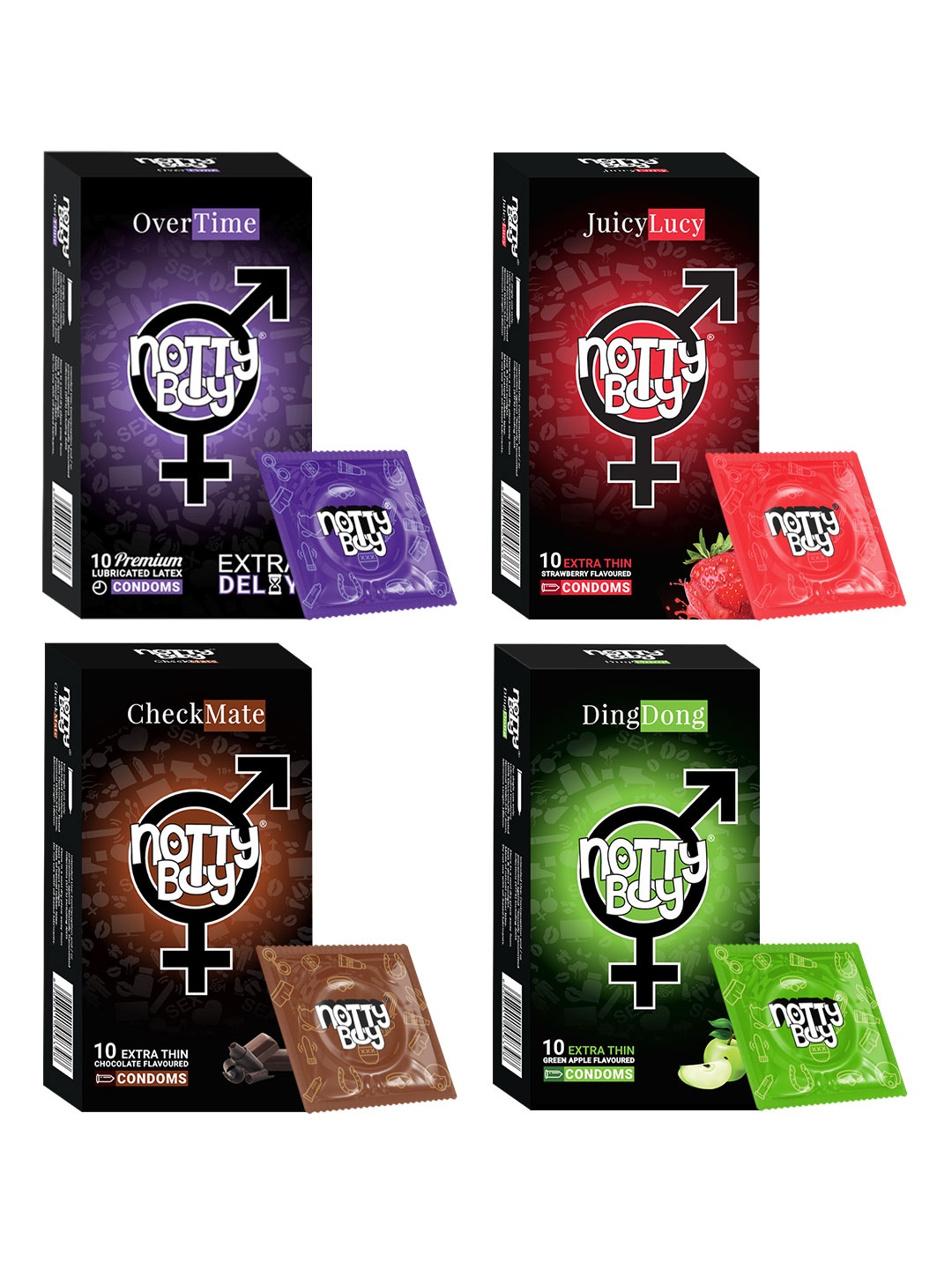 

Notty Boy Set Of 4 - Chocolate Flavour-Greenapple-Extratime-Strawberry Condoms 10Pcs Each, White