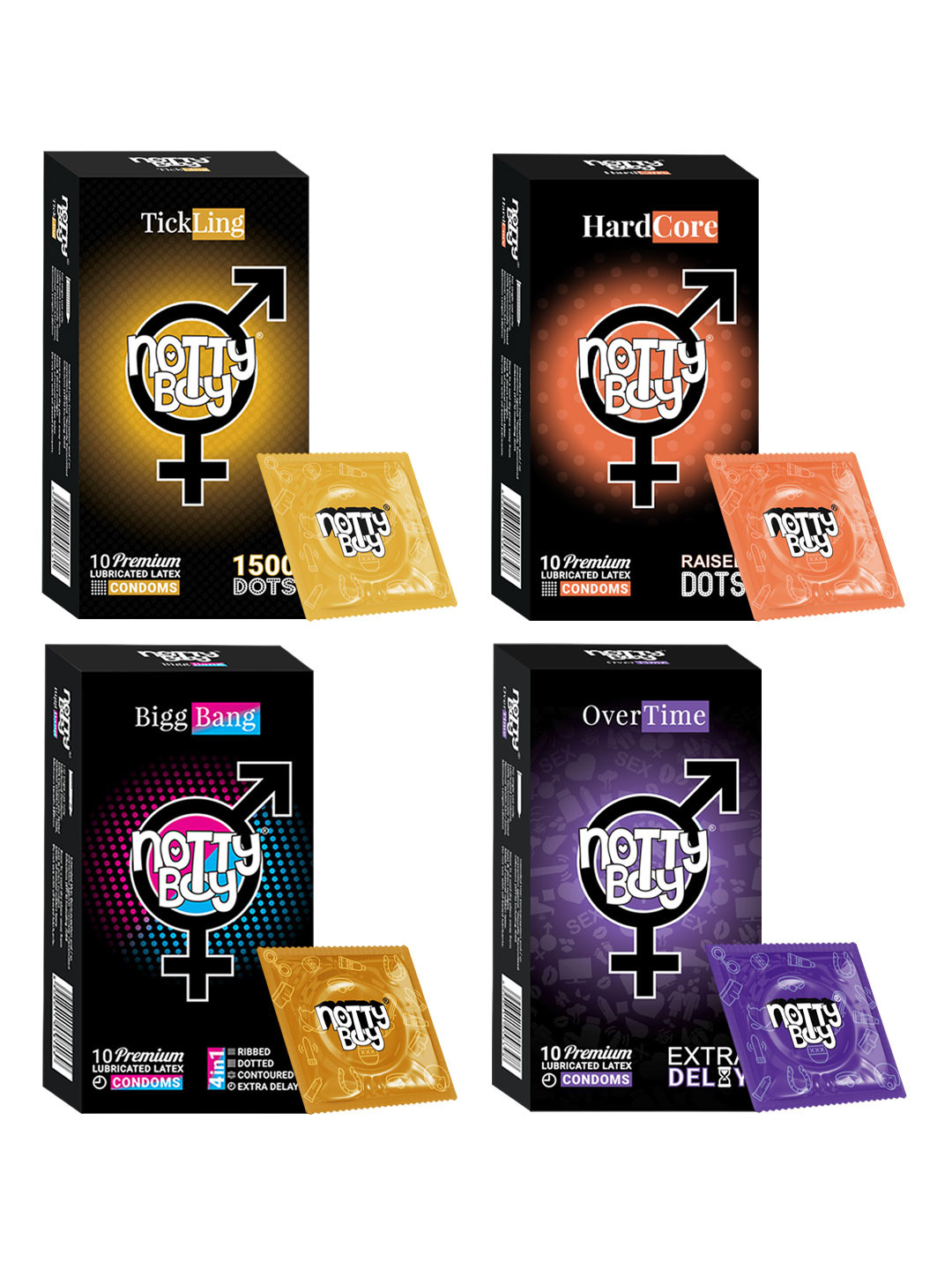 

noTTy Boy Men Set of HardCore + BiggBang + OverTime + TickLing Condoms - 10 pcs each, Multi