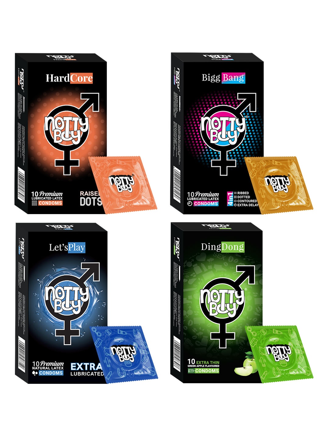 

noTTy Boy Men Set of HardCore + BiggBang + DingDong + LetsPlay Condoms - 10 pcs each, Multi