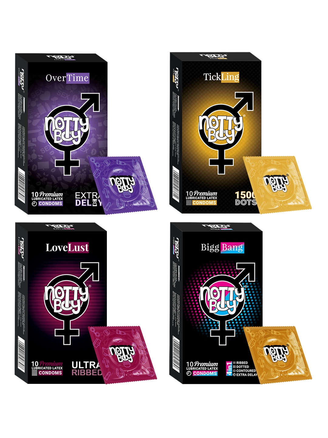 

noTTy Boy Men Set of LoveLust + BiggBang + OverTime + TickLing Condoms - 10 pcs each, Multi