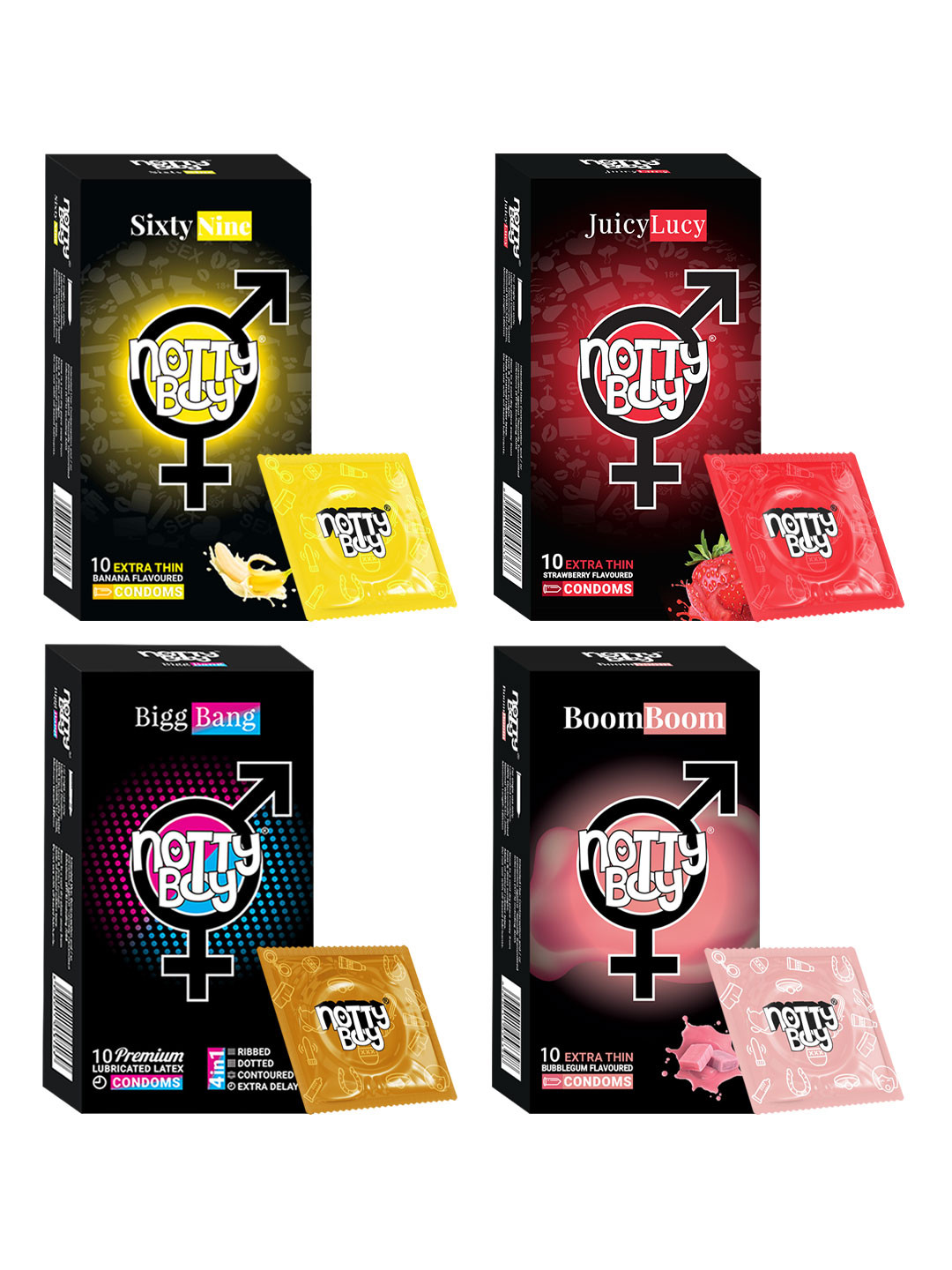 

noTTy Boy Men Set of BoomBoom + BiggBang + SixtyNine + JuiceLucy Condoms - 10 pcs each, Multi